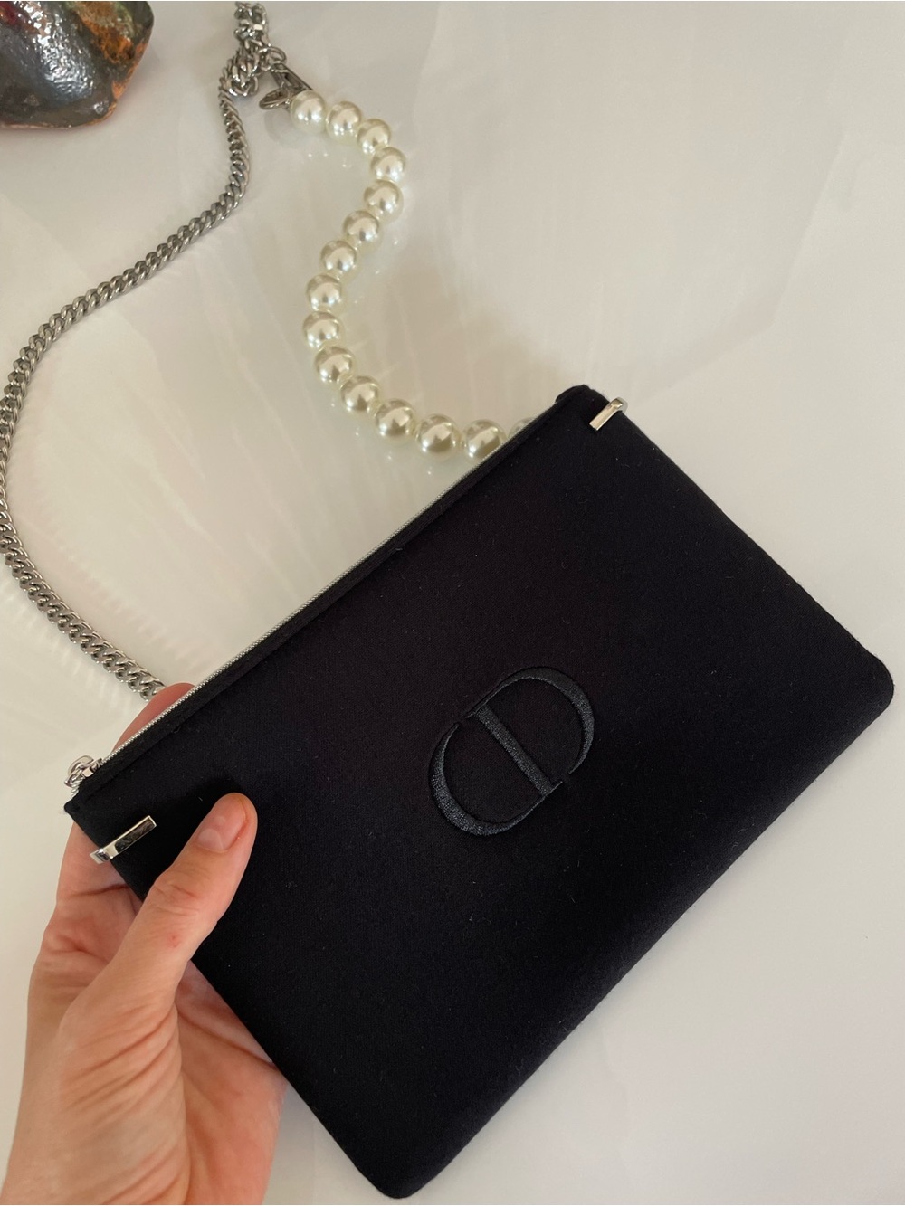 CD DIOR Black cotton Pearl Strap silver chain Shoulder Bag purse rare LOGO